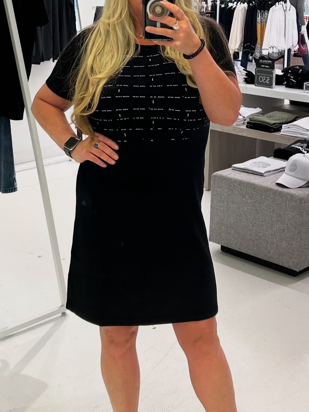 Karl Lagerfeld Black Short-Sleeve Knit Tunic with Subtle Embellished Grid